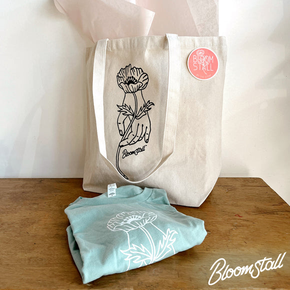 Bloomstall Swag Bag - T-shirt, Market Tote, and Sticker - Sage