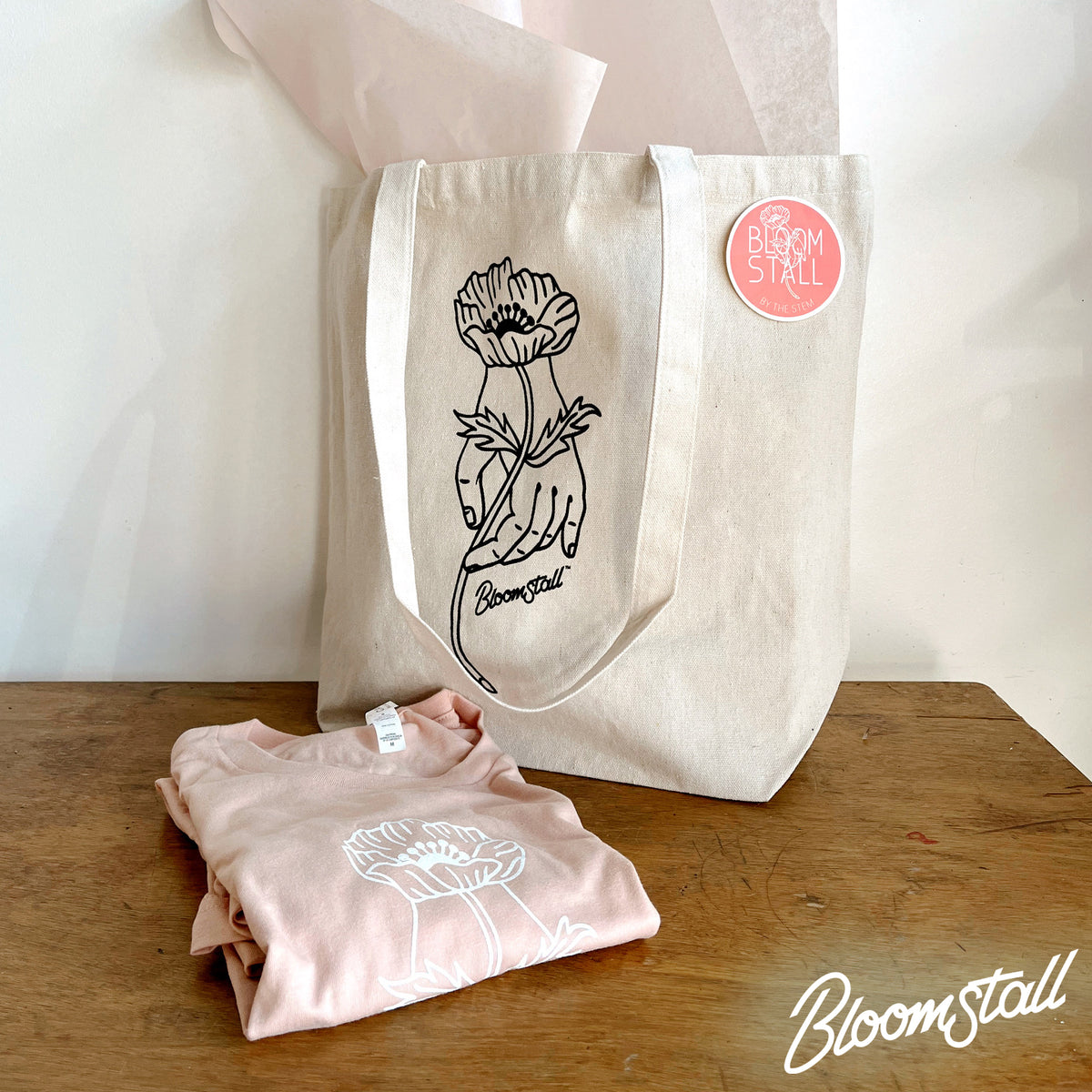 Bloomstall Swag Bag - T-shirt, Tote, and Sticker - Coral