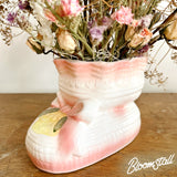 Vintage Pink Baby Shoe Ceramic Vase - Dried Flower Arrangement