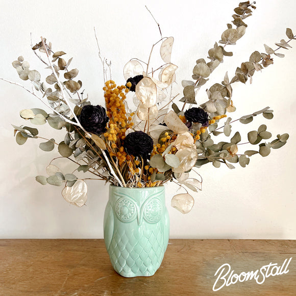 Teal Owl Ceramic Vase - Dried Flower Arrangement