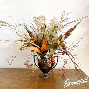 Wild, dried flower and foliage arrangement in Antique Metal Urn - Large